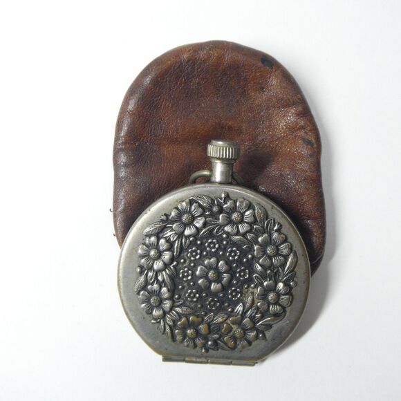 Silver Floral Repousse Leather Coin Purse Small Pouch Vintage - Picture 1 of 11